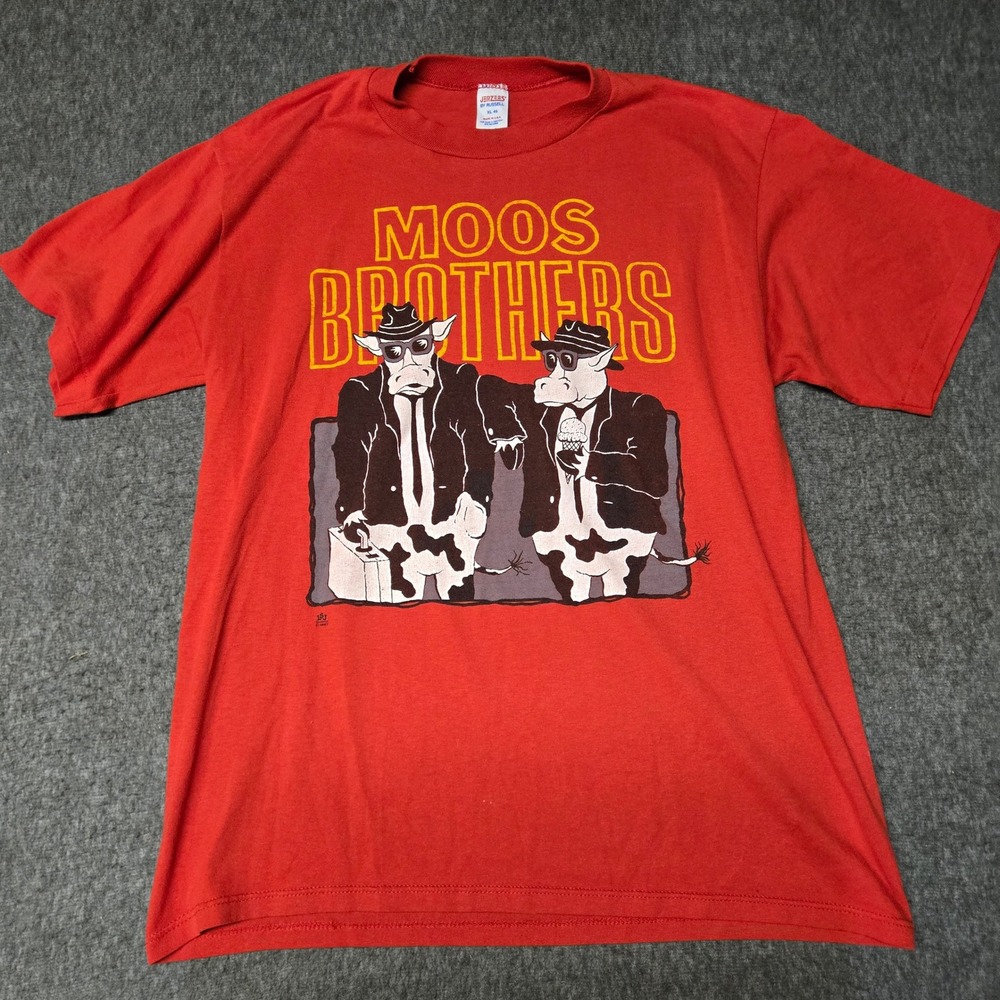 Vintage Jerzees Moos Brothers T Shirt Mens XL Red 1987 Single Stitch USA Pardoy